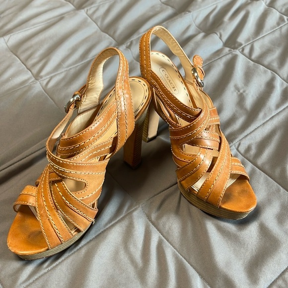 Coach Brynn Leather Tan Sling Back Strappy Heels Size 8 - Picture 1 of 12